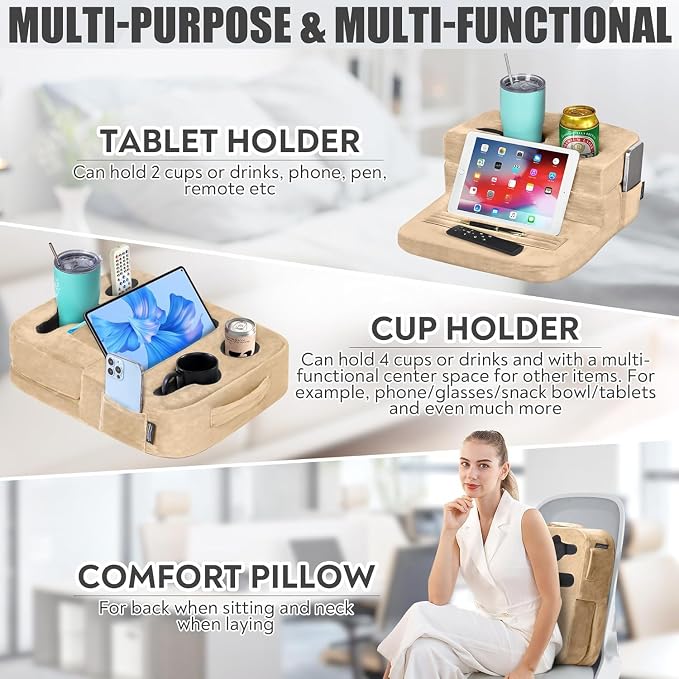 TabCouchCaddy - Couch Cup Holder Tray Pillow - Bed, Couch Caddy, Sofa, RV & Car - Holds Drinks, Snacks, Remotes, Phones, Kindle, Tablet | Bed Cup Holder (Beige)