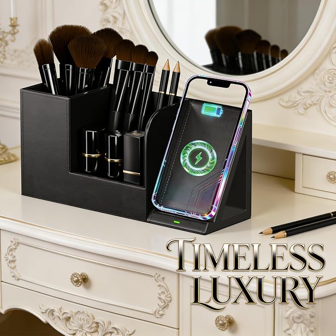 LADSTAG Makeup Brush Holder Organizer, Leather Makeup Brush Cup with Phone Charging Stand for Cosmetics, Nail Polish, Lipstick & Art Supplies – Vanity Desktop Bathroom Organizer