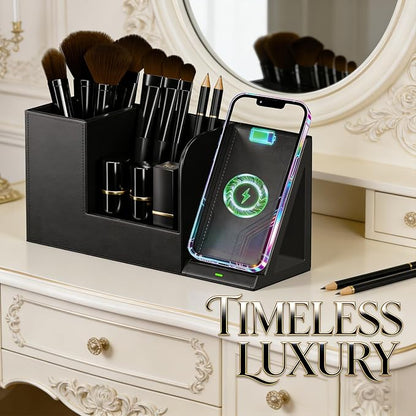 LADSTAG Makeup Brush Holder Organizer, Leather Makeup Brush Cup with Phone Charging Stand for Cosmetics, Nail Polish, Lipstick & Art Supplies – Vanity Desktop Bathroom Organizer