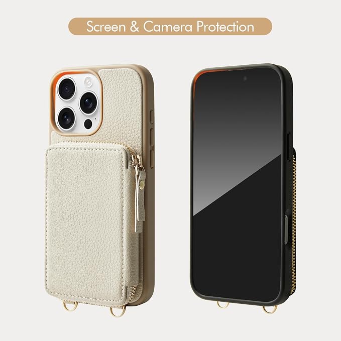 ZVE for iPhone 16 Pro Wallet Case, RFID Blocking Leather Case with Card Holder, Crossbody Strap for Beige iPhone 16 Pro 6.3"