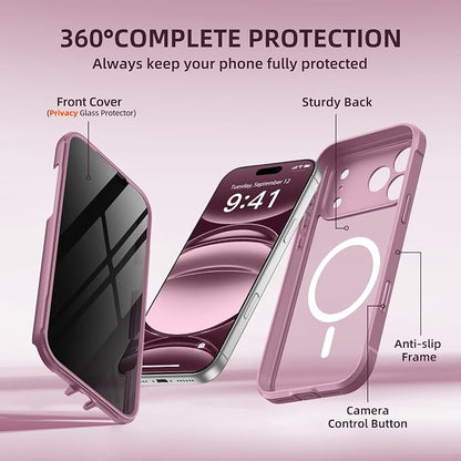 BERFY for iPhone 17 Pro Max Case, Compatible with MagSafe, Built-in Privacy Screen Protector, Camera Protection, Shockproof Full Body Phone Case 6.9", Translucent Palevioletred