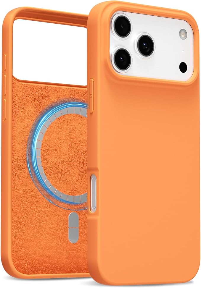 for iPhone 17 Pro Max Case Silicone Compatible with Magsafe Case, Ultra Slim Thin Magnetic Phone Cases Mag Safe, Cute Soft Rubber Gel Matte Plain Wireless Charging Cover for Women, Neon Orange