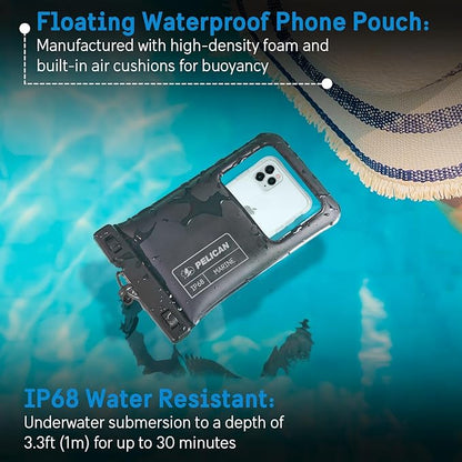 Pelican Marine - IP68 Waterproof Phone Pouch (XL Size) Floating Waterproof Phone Case - Beach Cruise Ship Travel Essentials - Works with All Phones - Detachable Lanyard - Black