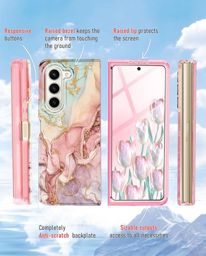 Btscase for Samsung Galaxy Z Fold 5 Case,Built in Front Screen Protector,Gold Glitter Marble Pattern Hard PC Slim Shockproof Full Body Drop Protective Case for Galaxy Z Fold 5 5G, Rose Gold