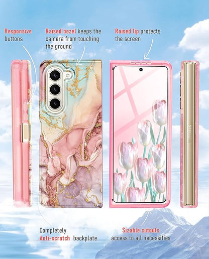 Btscase for Samsung Galaxy Z Fold 5 Case,Built in Front Screen Protector,Gold Glitter Marble Pattern Hard PC Slim Shockproof Full Body Drop Protective Case for Galaxy Z Fold 5 5G, Rose Gold