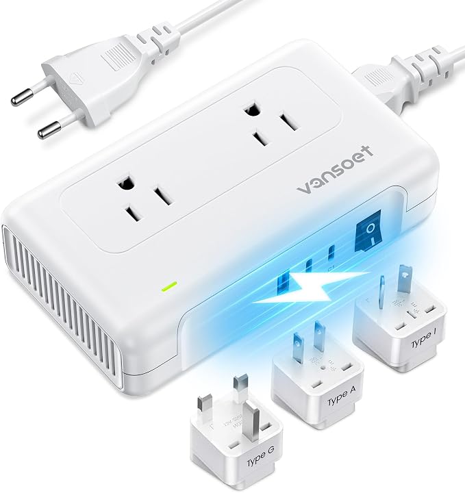 220V to 110V Converter, Universal Travel Adapter with 1 USB A & 2 USB C Ports Fast Charging, 2 AC Sockets and UK/AU/US/EU Worldwide Plug Adapter