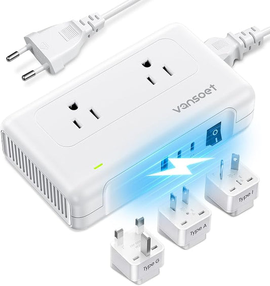 220V to 110V Converter, Universal Travel Adapter with 1 USB A & 2 USB C Ports Fast Charging, 2 AC Sockets and UK/AU/US/EU Worldwide Plug Adapter