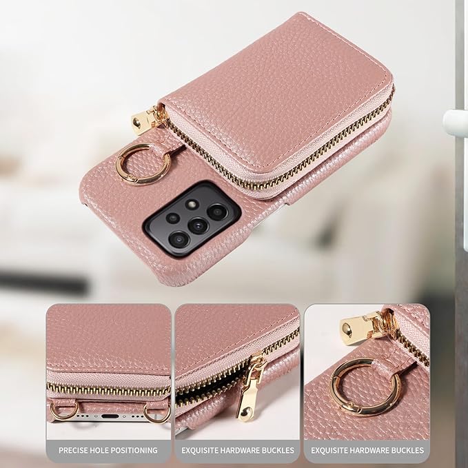 Wallet Case for Samsung Galaxy A32 5G 2021 6.5 inch with Shoulder Strap Ring Buckle Zipper Flip Organ Purse Credit Card Holder Stand Phone Cover for M32 G5 A 32 32A S32 SM-A326U A326U Rose Gold