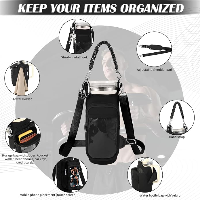 Magnetic Gym Bag for Men Women, Water Bottle Carrier Holder with Strap for Stanley, Small Bag Accessories pouch with N52