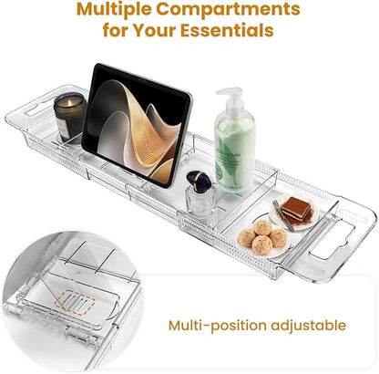 Foldable Bathtub Tray, Expandable to 80cm Acrylic Bath Tray for Tub, Bath Tub Tray Shower Storage Rack, Bath Table Trays for Bathtub (Transparent Bathtub Tray)