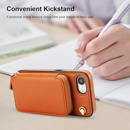Bocasal Crossbody Wallet Case for iPhone 17e/16e, RFID Blocking Leather Purse Case with Card Holder, Protective Handbag Flip Cover with Zipper Wrist Strap Lanyard for Women 5G 6.1 Inch (Brown)