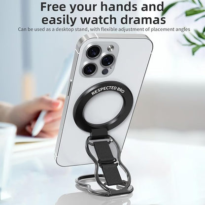RESPECTED-BRO-Magnetic-Phone-Grip-Stand-with-Finger-Strap, 4-in-1 Magnetic Ring Holder, Kickstand and Elastic Strap for Phones, Universal Fit for iPhone 17/16/15/14/13/12, Android, and Cases (Black)