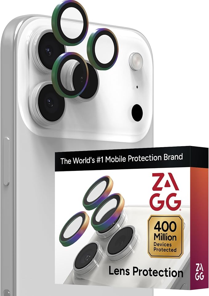ZAGG iPhone Camera Lens Protector for iPhone 17/16/15 Pro and Pro Max Models - Iridescent, Camera Ring, Maximum Impact & Scratch Protection, Anti-Reflective Technology, Smudge-Resistant, Glass Elite