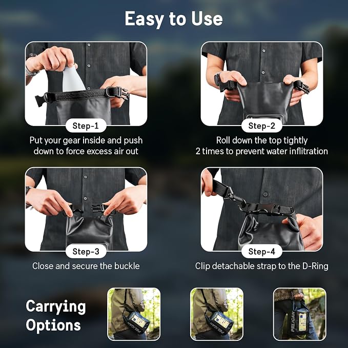 Pelican Marine IP68 Waterproof Dry Bag 5L - Roll Top Waterproof Backpack w/Phone Case/Pouch - Boating & Kayak Accessories - Essentials for Camping Swimming Beach Fishing Rafting Travel - Black