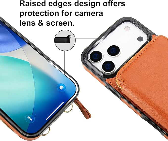 Bocasal Crossbody Wallet Case for iPhone 17 Pro Max, RFID Blocking Leather Purse Case with Card Holder, Protective Handbag Flip Cover with Zipper Wrist Strap Lanyard for Women 5G 6.9 Inch (Brown)
