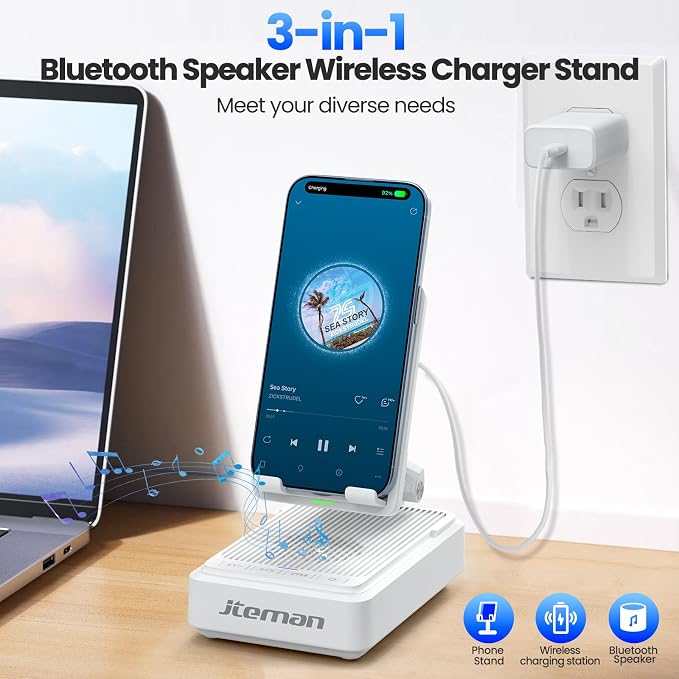 Jteman Cell Phone Stand with Bluetooth Speaker and Wireless Charger,Desktop Charging Station Stand Speaker for iPhone,Christmas Birthday Gift for Men Women (White)