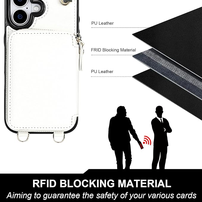 Bocasal for MagSafe Crossbody Wallet Case Compatible with iPhone 17, RFID Blocking Protective Purse Case with Card Slots Holder Kickstand Wrist Strap Lanyard Zipper 6.3 Inch 5G (White)
