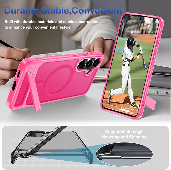 for Samsung Galaxy S25 FE Case with Screen Protector+Lanyard Wrist Strap,Magnetic Translucent Matte Rugged Slim Phone Cover Built in Invisible Kickstand [Fit for MagSafe],2025 Hot Pink