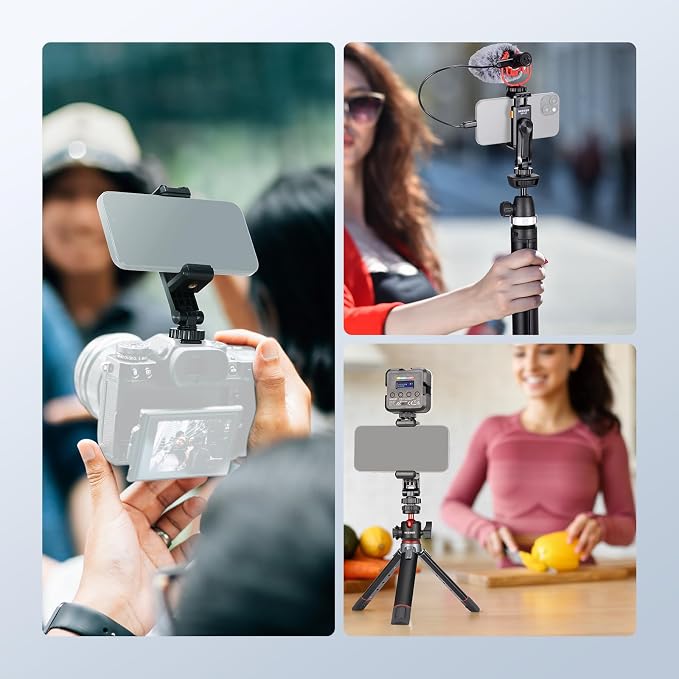 Neewer Basic Phone Tripod Mount Holder with 1/4" Thread & Cold Shoe, 2.36"-3.54"/6-9cm 360° Rotatable Camera Mount Cellphone Clamp for iPhone 15 14 13 12 11 Pro Max X XR Samsung S24 Ultra, SP-10