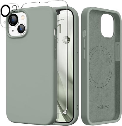 GONEZ Magnetic for iPhone 14 Case, Compatible with Magsafe, with Screen Protector + Camera Protector, Anti-Scratch Microfiber Lining, Liquid Silicone Shockproof Protective Phone Case, Calke Green