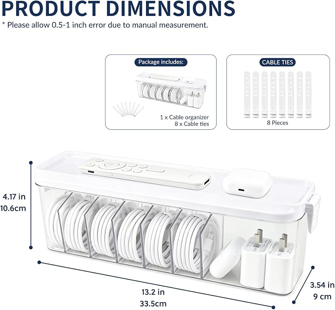 TexHome Charger Cable Organizer Box with Lid Plastic Cord Storage Box with Wire Ties, Electronics Cord Organizer for Home Drawer Office Desk Accessories Storage