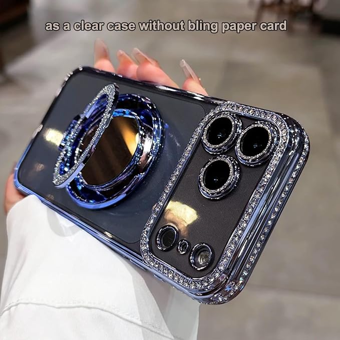 for iPhone 17 Pro Magnetic KickStand Case, [Compatible with Magsafe] Shockproof Glitter Cute Bling Cover Makeup Mirror Ring Holder Camera Protector for Girl Woman for iPhone 17 Pro 6.3", Blue
