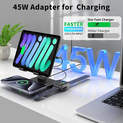 3 in 1 Wireless Charger for Apple Charging Station for iPhone Mag safe Charger for iPhone 17 Pro Max/16/15/14, Foldable Watch for Apple Watch 10/9/8/7, Rotating Stand for iPad Charging Station (black)