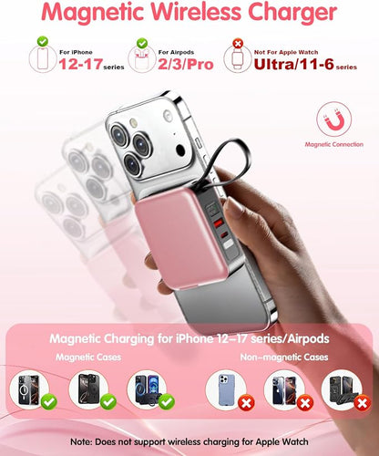 10000mAh for Magsafe Portable Charger Built-in Cables & AC Wall Plug,Pink | 6-in-1,PD 22.5W USB C Fast Charging,15W Magnetic Wireless Charging,Charge 5 devices at once,LED Display Travel Power Bank