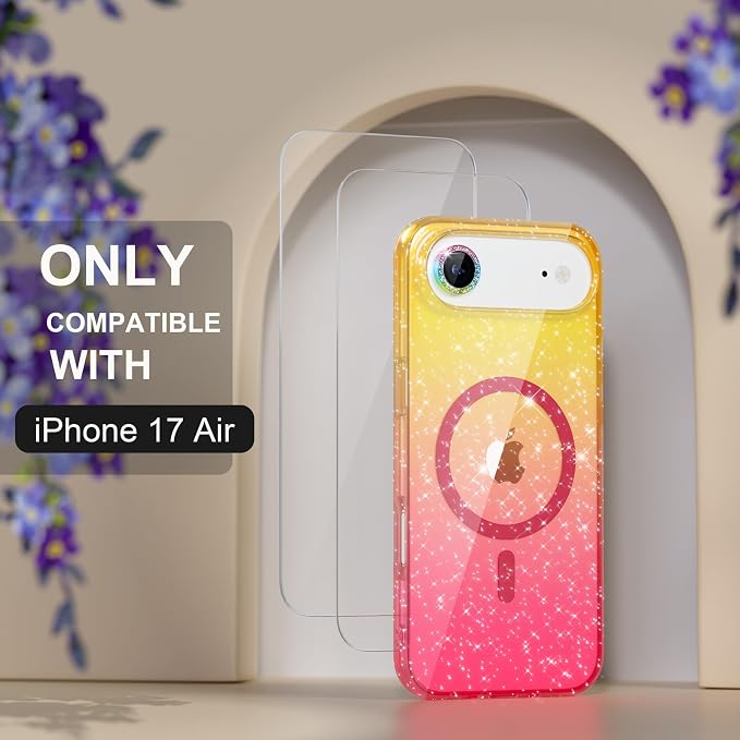 Choiche Magnetic for iPhone 17 Air Case Compatible with MagSafe, Women Cute Glitter Sparkly Phone Case with Diamond Camera Lens Protectors, Military-Grade Drop Protection 6.5" (Gold/Pink)