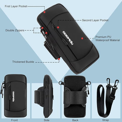 Running Armband Phone Holder & Crossbody Shoulder Bag, Arm Band for Phone for Running Walking, Waterproof Phone Pouch for iPhone 16 15 14 13 Pro Max Samsung Galaxy 7.5 Inch（Crossbody Bag Black）