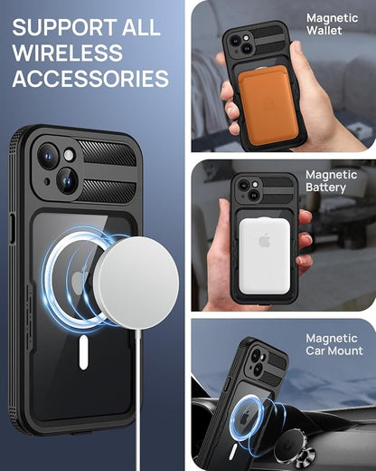for iPhone 15 Plus 5G Waterproof Case,Compatible with Magsafe,Hybrid Rugged Shockproof Full Body Protective,with Lanyard,Clear Lens/Screen Protector Cover for iPhone 15 Plus 6.7 inch 2023,Black