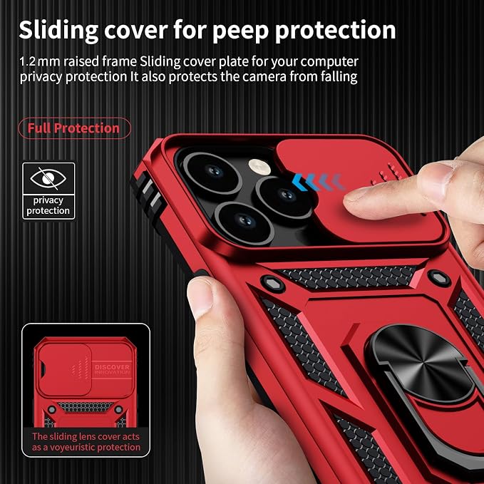 Weycolor for iPhone 14 Pro Max Case with Camera Lens Cover, HD Screen Protector, 10 FT Military Grade Drop Protection, Magnetic Ring Holder Kickstand Protective Phone Case, Red
