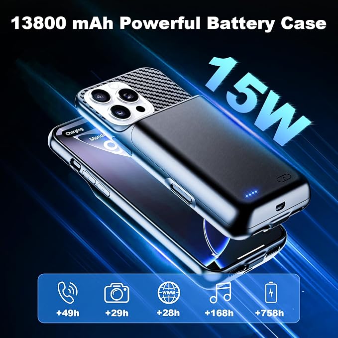 Battery Case for iPhone 16 Pro Max (6.9 inch), 2026 Upgraded High Capacity 13800mAh Battery Pack Rechargeable Charger External Charging Case with Tempered Glass Screen Protector Black