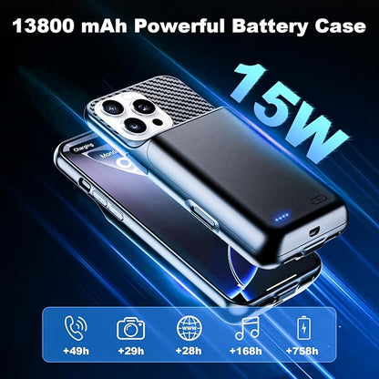 Battery Case for iPhone 16 Pro Max (6.9 inch), 2026 Upgraded High Capacity 13800mAh Battery Pack Rechargeable Charger External Charging Case with Tempered Glass Screen Protector Black