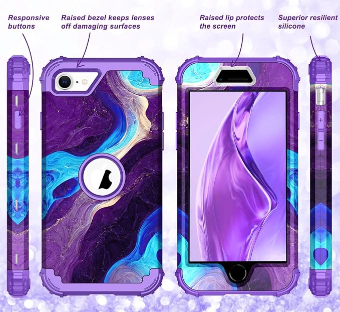 Hocase for iPhone SE 2022/2020 Case, Heavy Duty Shockproof Protection Hard Plastic+Silicone Rubber Hybrid Protective Case for iPhone SE 3rd/2nd Generation (4.7") - Blue Purple Marble