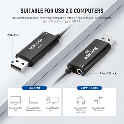NEEWER USB Lapel Microphone, Plug & Play Mini Omnidirectional Clip On Lavalier Mic with 3.5mm Monitoring Headphones Jack for USB 2.0 Mac Windows PC Laptop Computer YouTube Skype Podcast Gaming, LM2