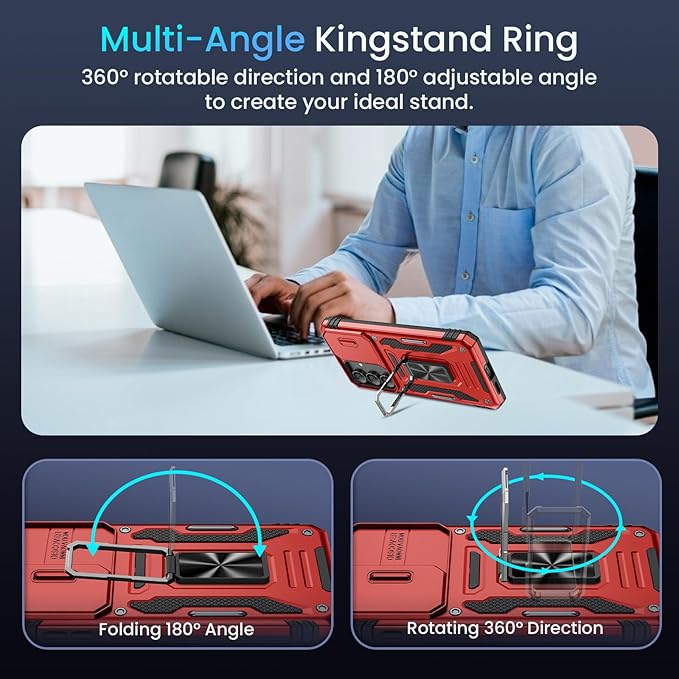 Caka for Samsung Galaxy S25 FE Case [HD Screen Protector] [Full Camera Lens Cover] [360°Rotated Kickstand Ring] [Heavy Duty Protection] Hard Rugged Protective Phone Cover for S25 FE - Red