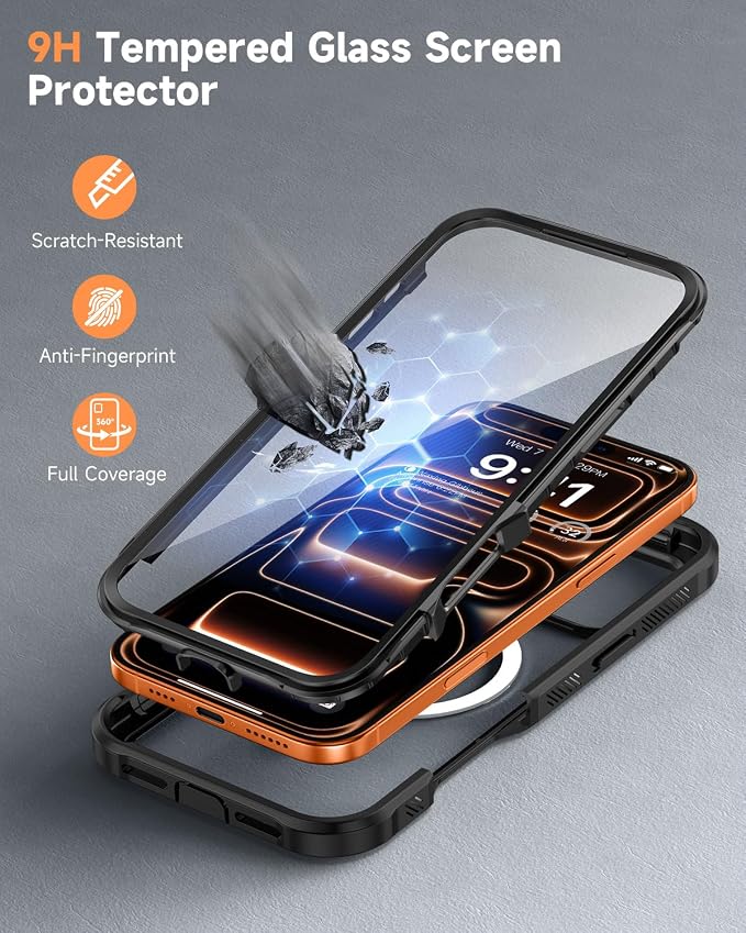 seacosmo for iPhone 17 Pro Case, Full Body Bumper with Built-in 9H Tempered Glass Screen and Camera Lens Protector, Compatible with MagSafe, Shockproof 17 Pro Phone Case, 6.3", Black