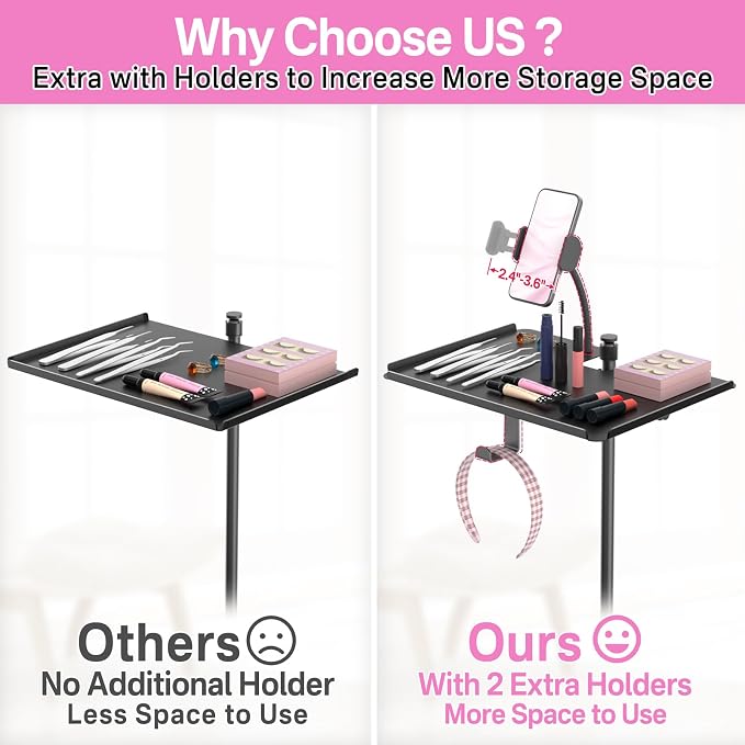 Adjustable Metal Lash Tray Holder for Ring Light & Lash Techs - Clip-On Organizer Tray with Phone Holder, Mirror Hook & Height Control for Eyelash Extensions Supplies (Salon/Home Use)