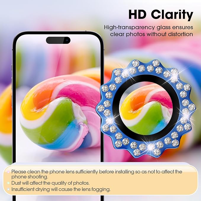 Xfilm for iPhone 16/16 Plus Camera Lens Protector Bling Individual Sun Design Diamond Ring 9H Hardness Scratchproof Protector, Stylish Phone Accessories, Case Friendly (Blue)