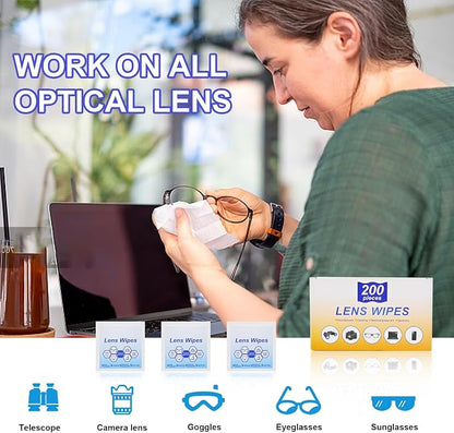 Lens Wipes for Eyeglasses,Eyeglass erasers are packed separately，Glasses cleaner for cleaning glasses, camera lenses, sunglasses, mobile phone screens, goggles, etc. (200 pieces)
