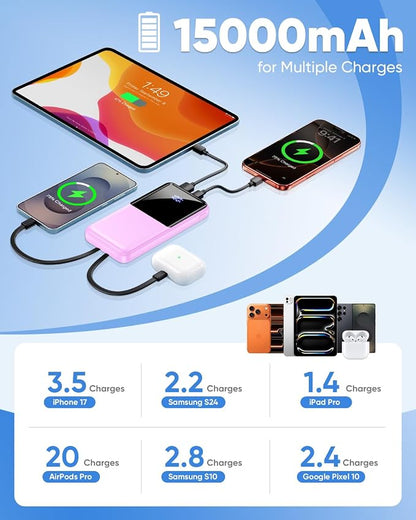 CFIAI Portable Charger Power Bank, 50% Larger Capacity 15000mAh Battery Pack with Built in Cable, 22.5W Fast Charging Travel Camping Essential for iPhone 17 16 Pro iPad Samsung S26 Google, Lavender