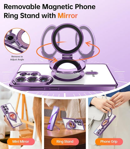 Meifigno Magnetic Case with Removable Phone Ring Stand for Samsung Galaxy S25 Ultra, [Glitter Card & Wrist Strap] [MagSafe Compatible] [Built in Mirror] Phone Ring Stand + Phone Case Kit, Purple