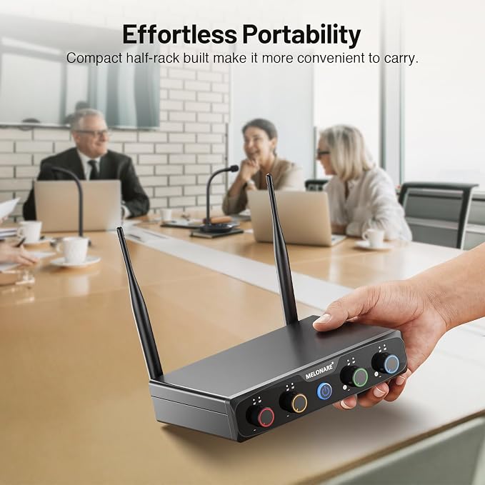 4-Channel Wireless Conference Microphone System, UHF Compact Cordless Mic Set w/ 4x10 Frequencies, 200ft Range, 4 Gooseneck Mics for Lecture, Church, Conference, Public Speaking (MWM-41-4G)