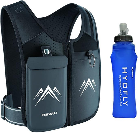 REVALI Running Vest, USA Original Patent, Zip Reflective Running Vests with 500ml Hydration Bottle, Adjustable Waistband & Breathable Material, Chest Pack Gear Phone Holder for Men & Women