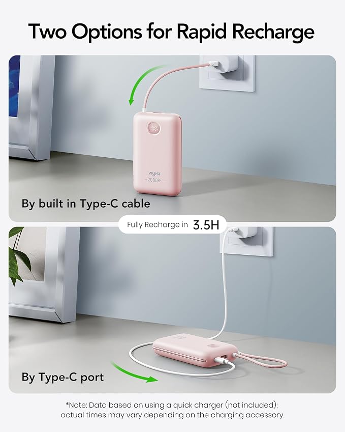 VIYISI Power Bank 20000mAh 30W Fast Charging with Built-in Cables, Pink | LED Display, bulit-in USB C&Lighting cables for iPhone 17/16/15/14, Samsung, iPad and Android Phones