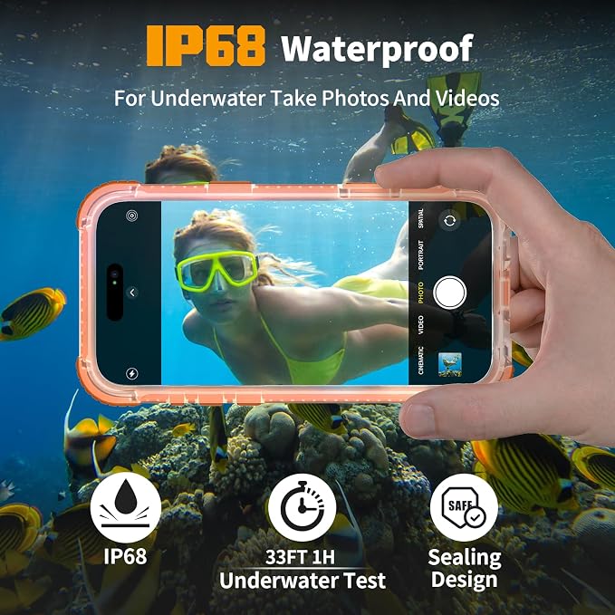 for iPhone 16 Waterproof Case, Compatible with MagSafe, IP68 Built-in Camera Control, Military Shockproof & Screen Protector for Water Sports, 6.1 Inch Frosted Orange
