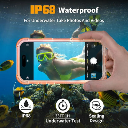 for iPhone 16 Waterproof Case, Compatible with MagSafe, IP68 Built-in Camera Control, Military Shockproof & Screen Protector for Water Sports, 6.1 Inch Frosted Orange