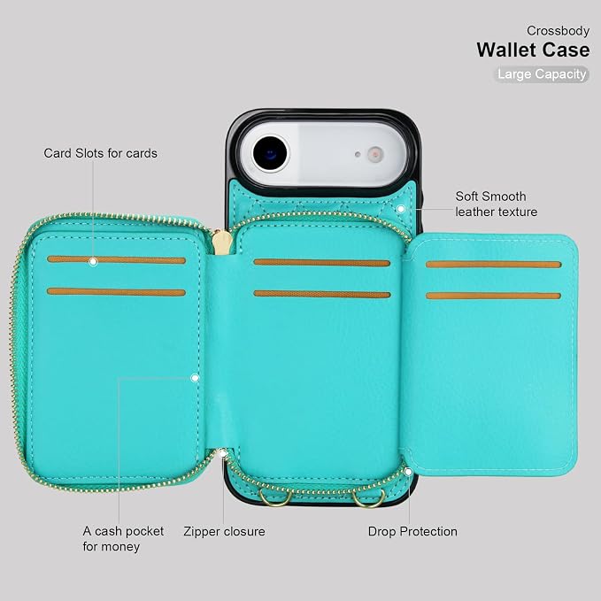Bocasal Crossbody Wallet Case for iPhone 17 Air, RFID Blocking PU Leather Zipper Handbag Purse Flip Cover, Kickstand Folio Case with Card Slots Holder Wrist Strap Lanyard 5G 6.5 Inch (Mint Green)