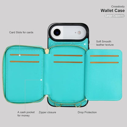 Bocasal Crossbody Wallet Case for iPhone 17 Air, RFID Blocking PU Leather Zipper Handbag Purse Flip Cover, Kickstand Folio Case with Card Slots Holder Wrist Strap Lanyard 5G 6.5 Inch (Mint Green)